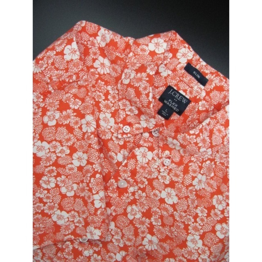 J.Crew Camp Shirt Mens L Orange Floral Slim Fit Stretch Flex Washed Short Sleeve